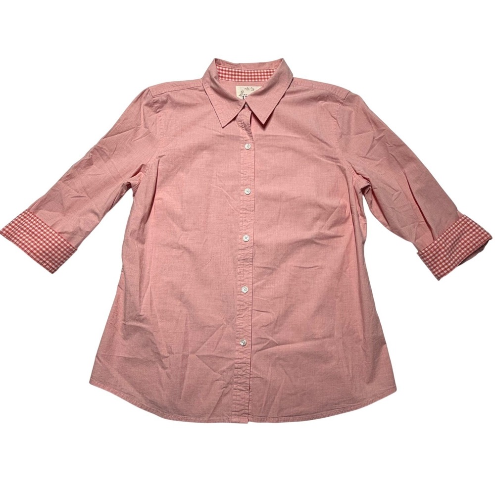 IZOD Button Down Shirt Pink‎ Gingham Trim 3/4 Sleeve Womens Large Preppy